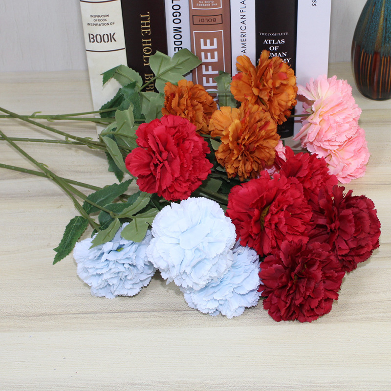 Wedding Decoration Green Plant Hibiscus Flower Single Stem Artificial Flower Hotel Auditorium Arrangement 3-Head Ball Carnation High Simulation