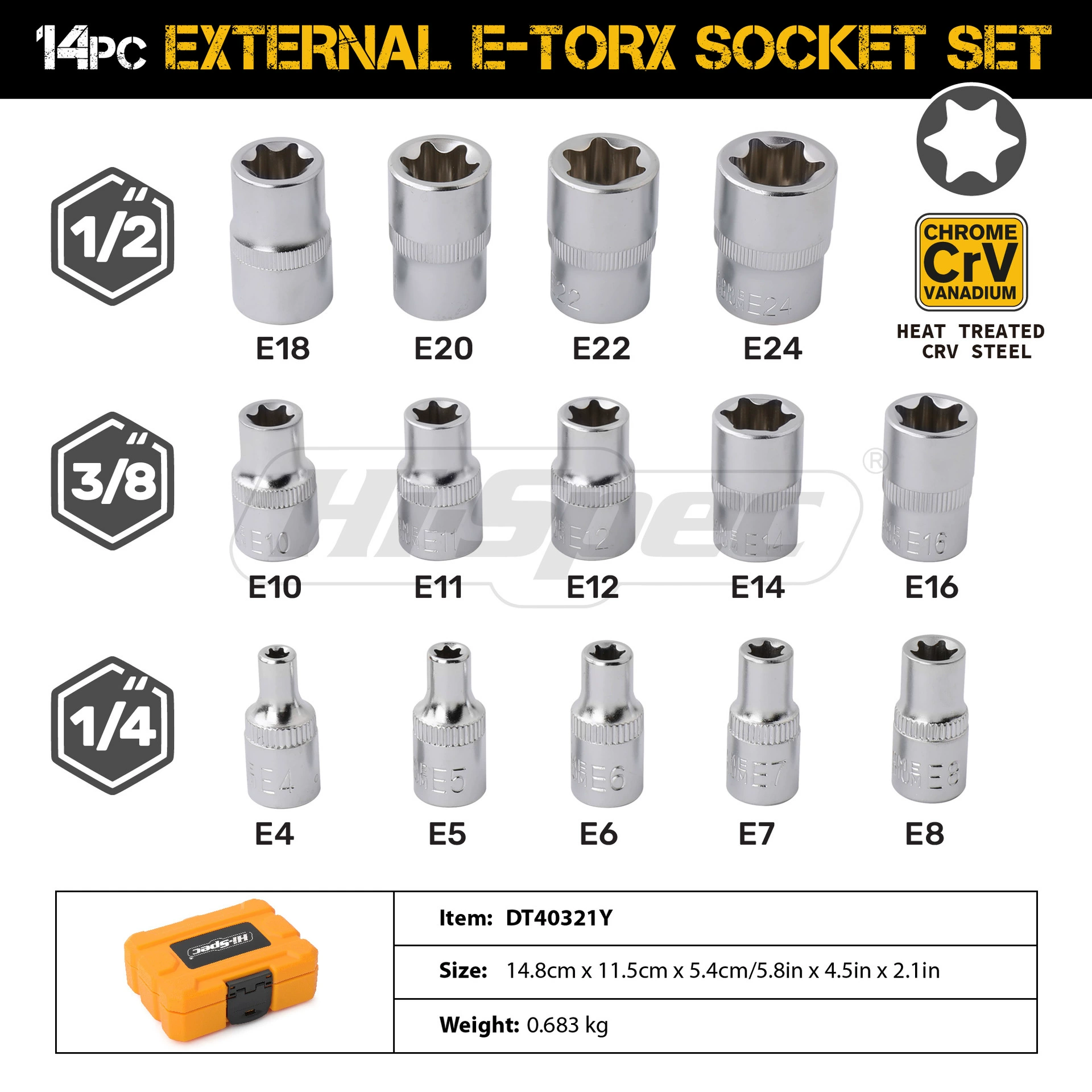 Набор Hi-Spec, 14 предметов, посадки 1/4", 3/8" и 1/2", E-тип насадок E4–E24, кейс формованного пластика для автосервиса