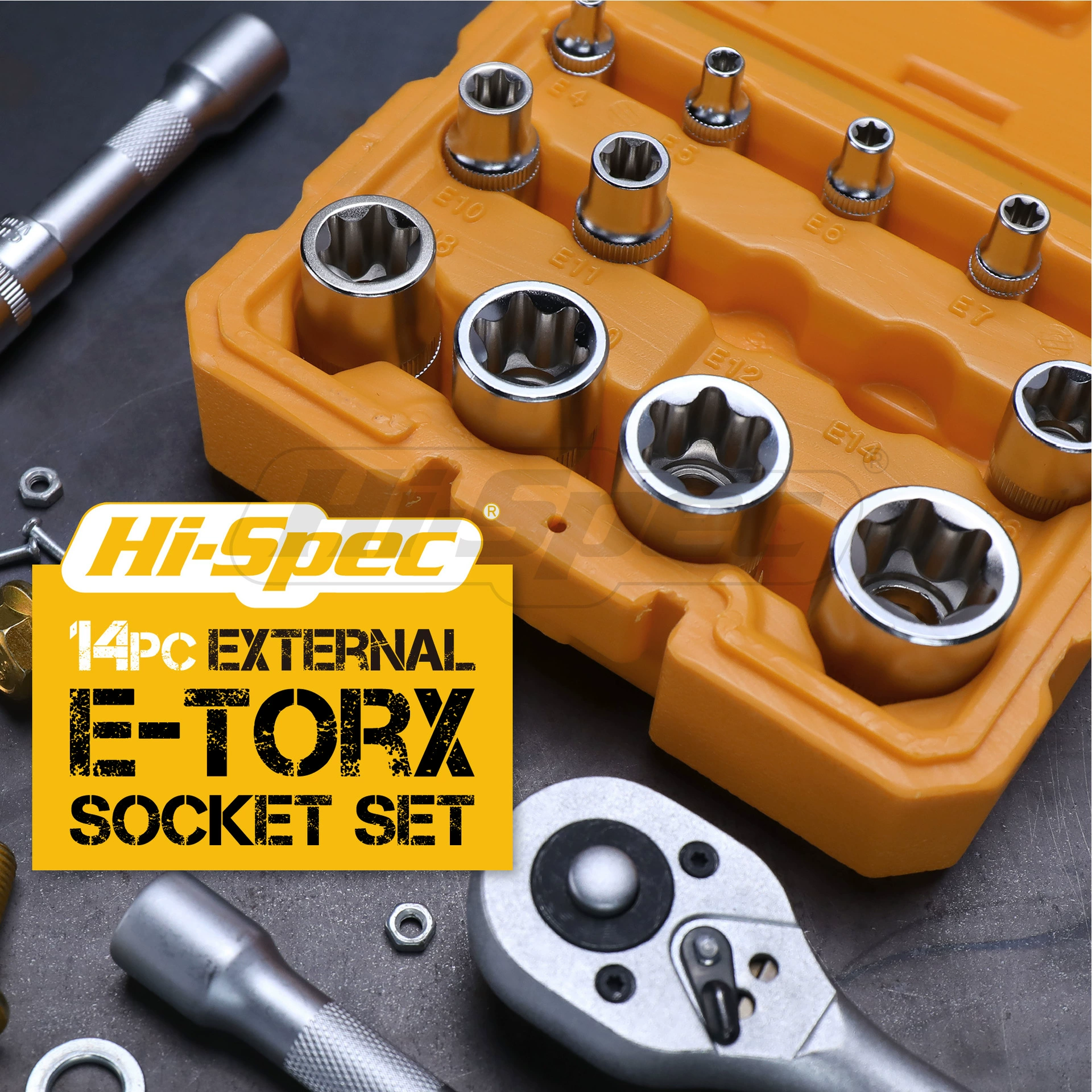 Набор Hi-Spec, 14 предметов, посадки 1/4", 3/8" и 1/2", E-тип насадок E4–E24, кейс формованного пластика для автосервиса
