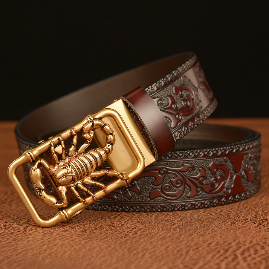 Minimalist Retro Leather Belt For Men With Automatic Buckle Floral_voghion.com