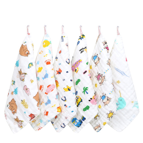 Six-layer pure cotton square towel, cotton gauze saliva towel, high-density cartoon small towel, printed handkerchief, infant face towel