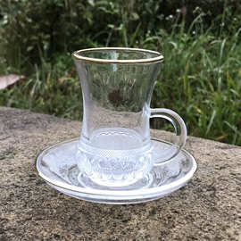 家用金边咖啡杯套装高白透明玻璃杯碟组合装现代中式玻璃茶杯批发