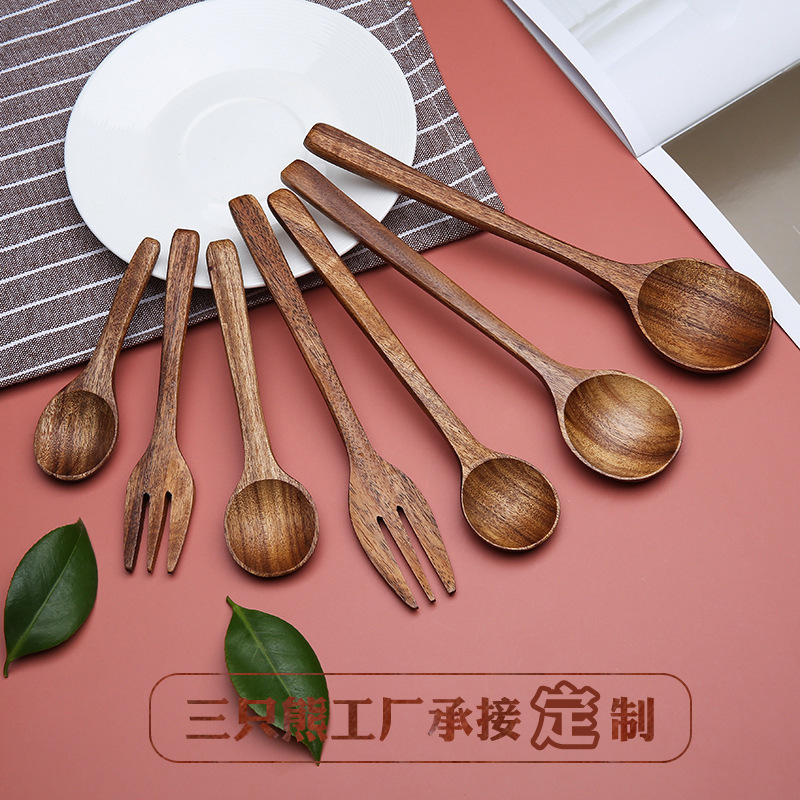 Wooden spoon acacia wood tableware Japanese fork wooden spoon suit household unpainted wooden spoon spoon spoon can be printed LOGO Wooden spoon acacia wood tableware Japanese fork wooden spoon suit household unpainted wooden spoon spoon spoon can be printed LOGO