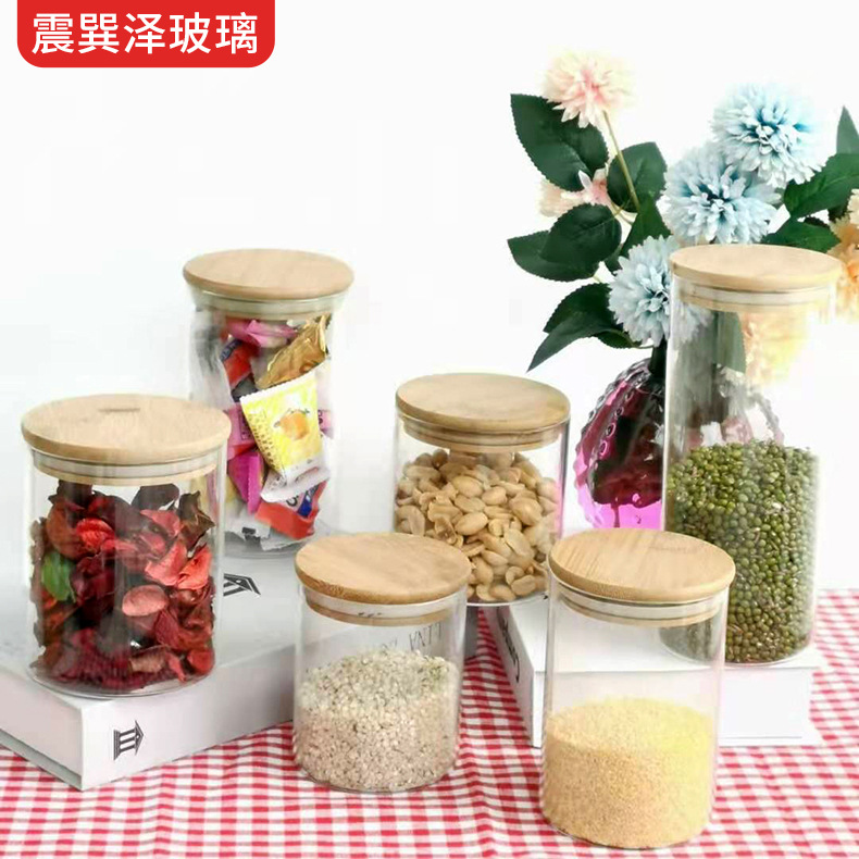 竹盖密封储物罐透明玻璃罐家用杂粮收纳罐厂家批发直筒茶叶罐