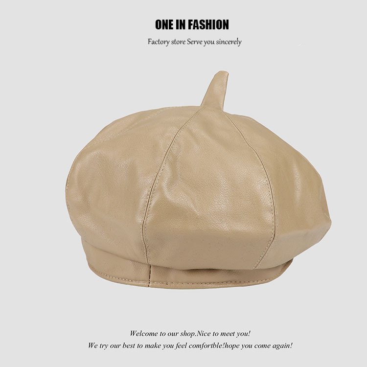 Pu boina de las mujeres de otoño e invierno versátil estilo japonés pintor calabaza sombrero negro británico retro cuero octogonal sombrero