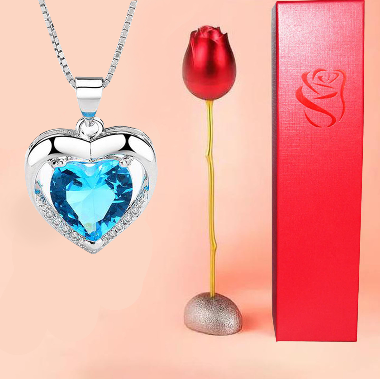 Nuevo colgante de diamante de cristal azul púrpura en forma de corazón elegante Rose cabeza collar joyero regalo de San Valentín