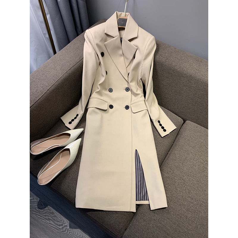 Ready Stock Manufacturer Wholesale Spring and Autumn New Solid Color Shell Gloss Triacetate Double-Breasted Slit Mid-Length Coat for Women