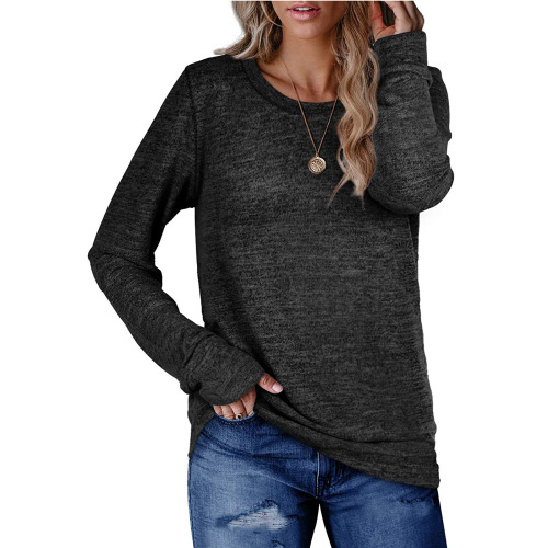 Autumn and winter European and American women's round neck pullover solid color cotton sweatshirt loose casual top T-shirt