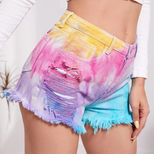 Spring and summer direct supply for Europe and America tie-dyed tassel with holes in the feet, loose women's denim shorts