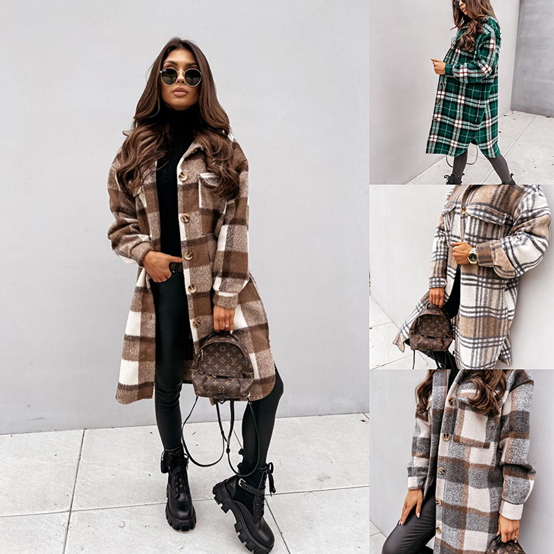 Amazon Cross-Border Popular Foreign Trade European and American Clothing European Station Plaid Printed Long-Sleeved Thin Long Jacket