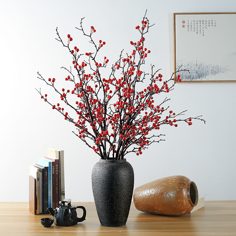 Red fruit branch artificial flower holly fruit fake flower red berry living room housewarming New Year decoration Spring Festival Bucket flower arrangement accessories