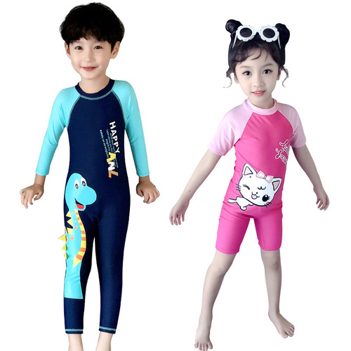 Children's swimsuits for boys and girls, cartoon conservative flat waist for middle and large children, color-matched cute hot spring beach swimsuit