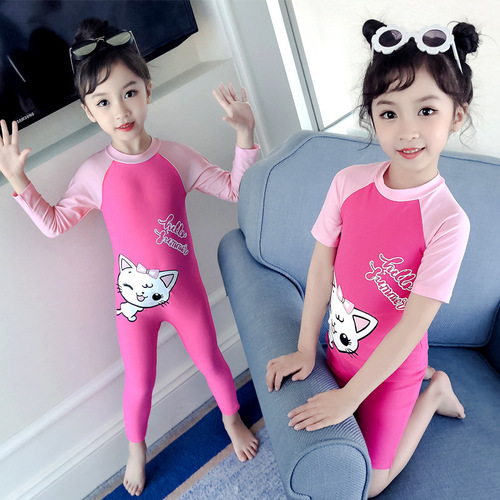 Children's swimsuits for boys and girls, cartoon conservative flat waist for middle and large children, color-matched cute hot spring beach swimsuit