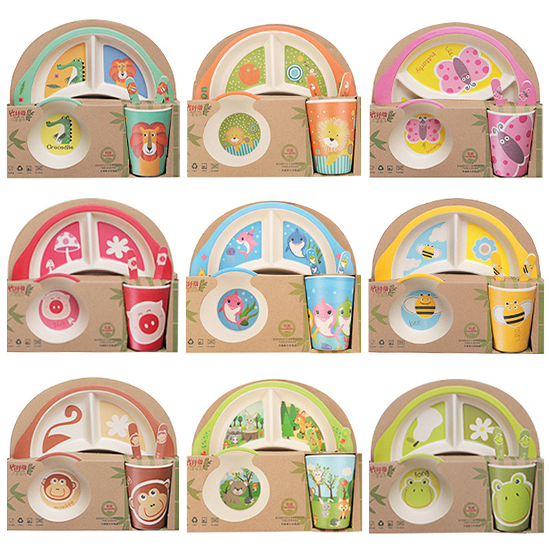 Bamboo Fiber Cartoon Tableware Five-Piece Set for Home Use, Divided Cute Plates, Adorable Cups, Bowls, Forks, Export Gifts