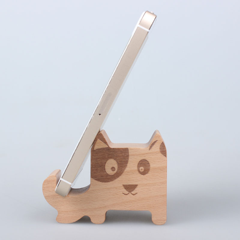 Soporte de teléfono móvil de madera maciza soporte de teléfono móvil de escritorio de dibujos animados cachorro base de teléfono móvil de madera libre logotipo tallado