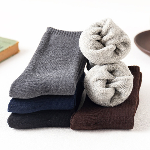 Autumn and winter velvet thickened terry mid-calf socks men's classic solid color casual cotton warm socks wholesale for men