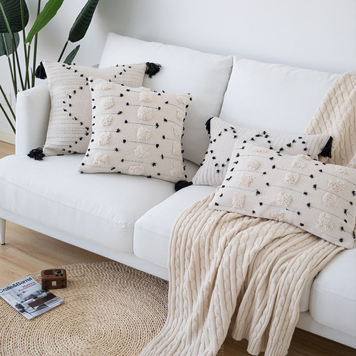 Single-sided cotton thread-cut four-corner tassel pillowcase without pillow core, home sofa lumbar support, office lumbar pillow cushion cover