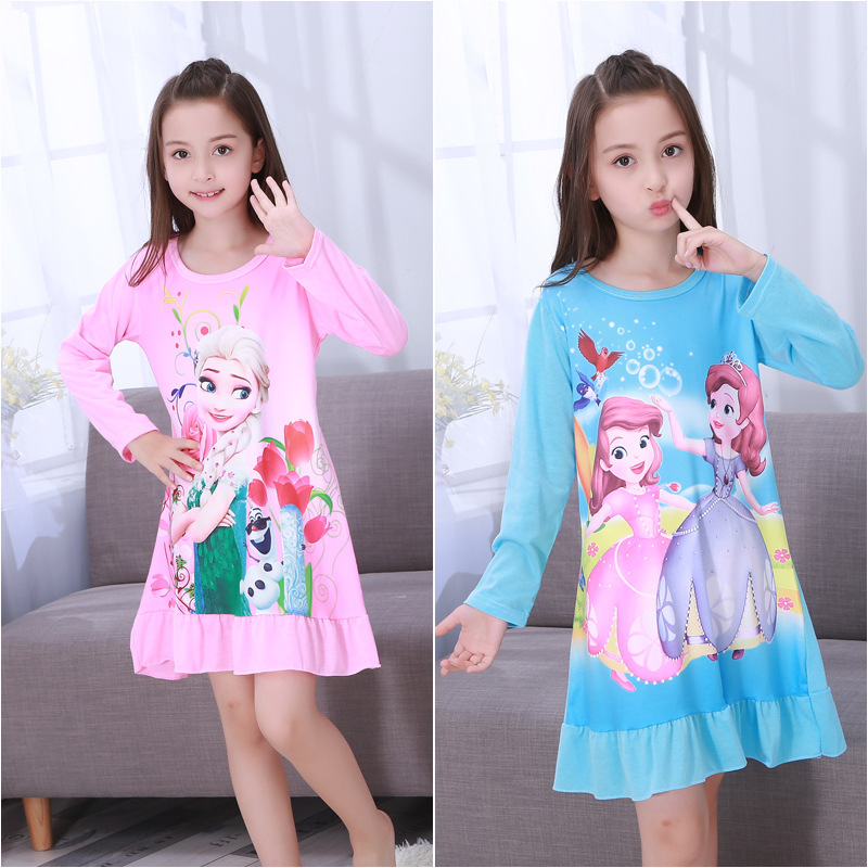 2024 Long-sleeve Dress Children's Pajama Spring and Autumn Long-sleeve Medium and Large Kids Baby Sleepwear Girls Princess Style Sofia