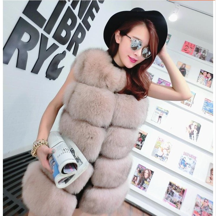 Haining fur manufacturers wholesale imported imitation fox fur waistcoat whole leather long crew neck Women's waistcoat coat special price