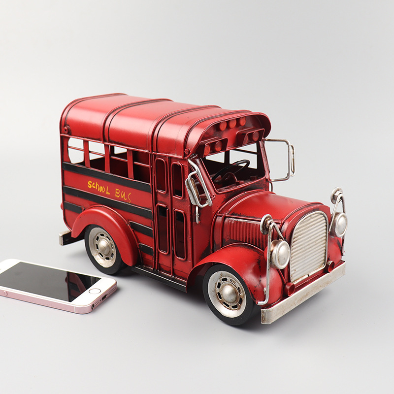 老式校车巴士模型铁皮手工艺怀旧酒吧客厅橱窗柜个性收藏装饰摆件