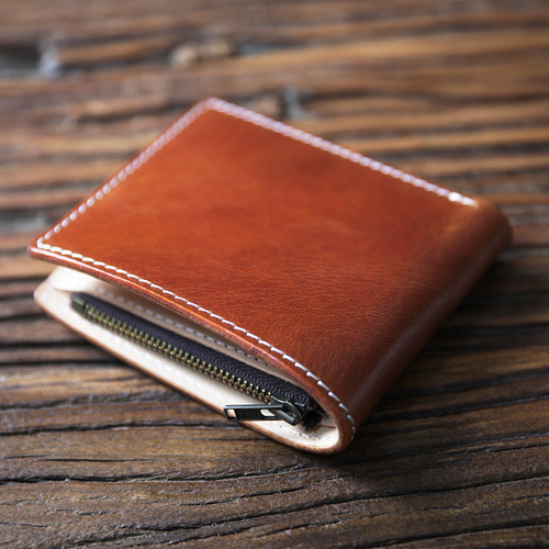 Retro handmade vegetable tanned leather wallet men's short genuine leather zipper wallet top layer cowhide youth horizontal wallet trendy