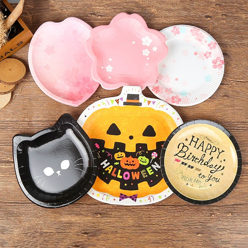 Одноразовые бумажные тарелки для торта, круглые бумажные тарелки для праздничных вечеринок, бумажные миски специальной формы с мультяшными рисунками могут быть изготовлены на заказ.