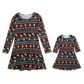 现货跨境女新款母女圣诞新款数码印花连衣裙 欧美圣诞亲子装