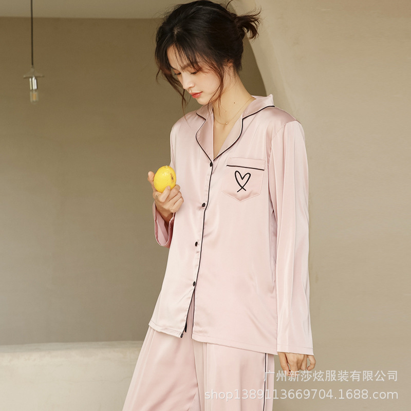 유럽과 미국의 얼음 실크 잠옷, 작은 옷깃 가디건, 긴팔 바지, 실크 투피스 세트, 여성용 얼음 실크 가정복, 얇은