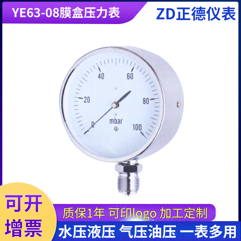 YE63-08膜盒压力表0-1.6mpa管道油压表螺纹供水压力表制做logo
