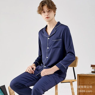 睡衣男士春秋季宽松薄款冰丝长袖两件套凉感丝绸家居服经典情侣款