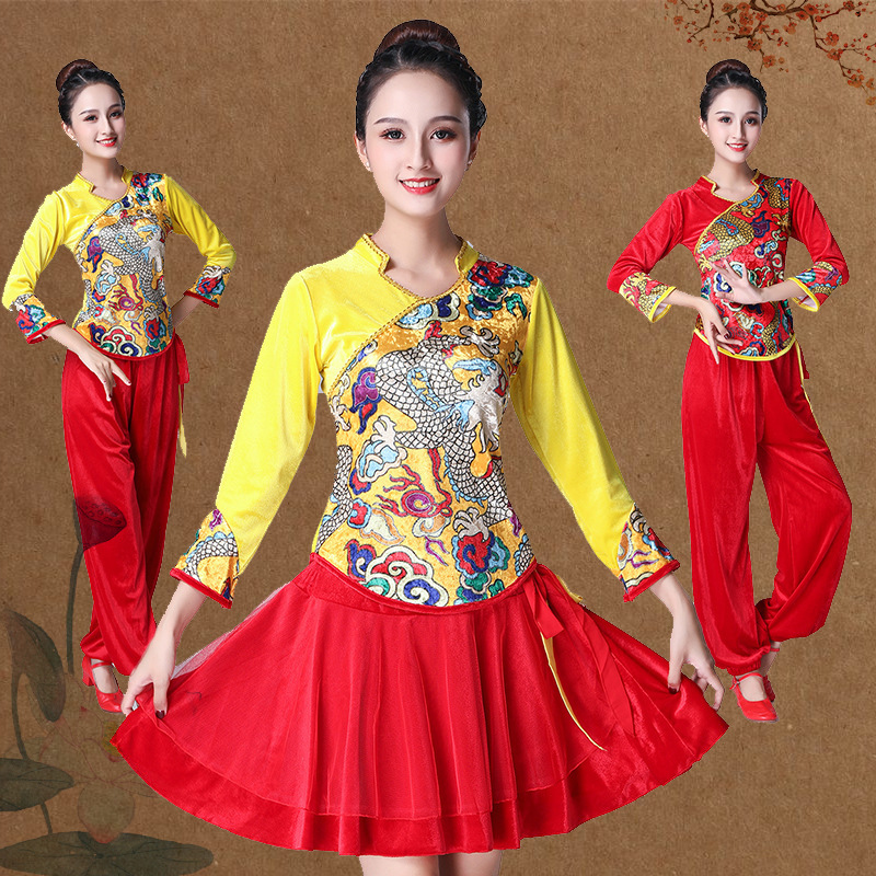 深意广场舞服装秋冬中老年舞蹈演出服龙纹金丝绒成人舞蹈服装E18