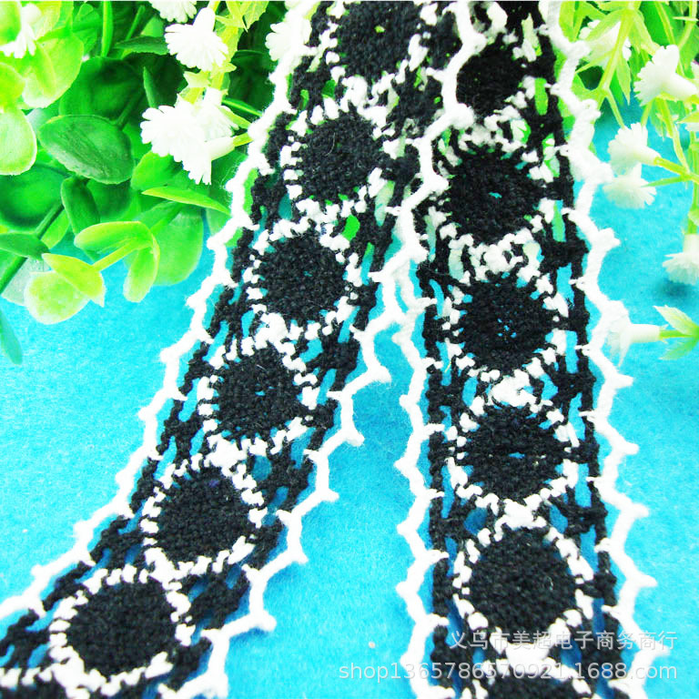 厂家直发3.3厘米棉线  双色黑加白花边适用于围裙家纺 手工辅料