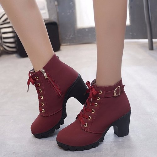 Korean-style non-slip high-heeled chunky-heel women's boots, lace-up ankle boots for fall/winter, Martin-style single-layer boots, women's shoes, and cotton-lined boots
