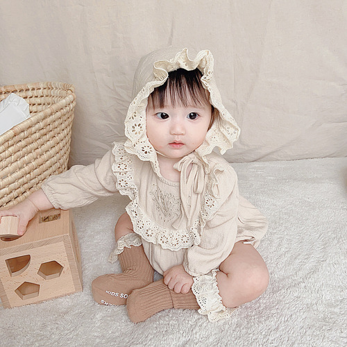 Ins Spring and Autumn Baby Girl Bodysuit Princess Climbing Suit with Diaper Cover Lace Bodysuit and Hat
