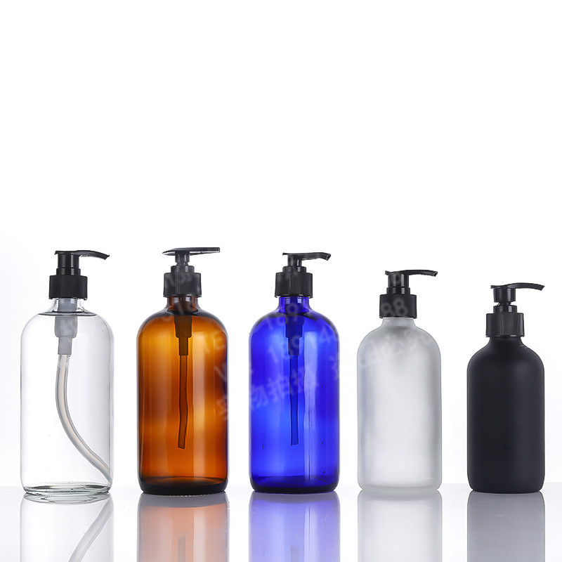 Fábrica de suministro directo de 500mL botella de aceite esencial de té de Boston 250mL botella de bomba de vidrio azul botella de emulsión al por mayor