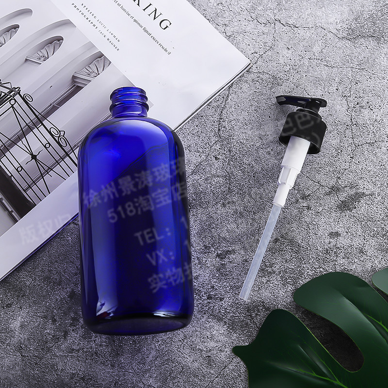 Fábrica de suministro directo de 500mL botella de aceite esencial de té de Boston 250mL botella de bomba de vidrio azul botella de emulsión al por mayor