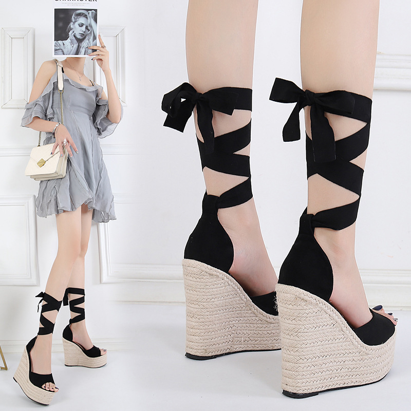 Aliexpress Summer New European and American Fashion High Heel Women's Shoes Ankle Wrap Hemp Rope Wedge 16cm Sandals Foreign Trade