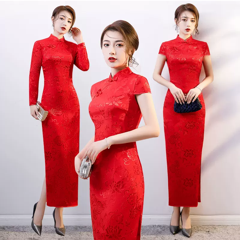 【走秀旗袍】秋冬长款酒店颁奖走秀旗袍 修身显瘦红色走秀旗袍