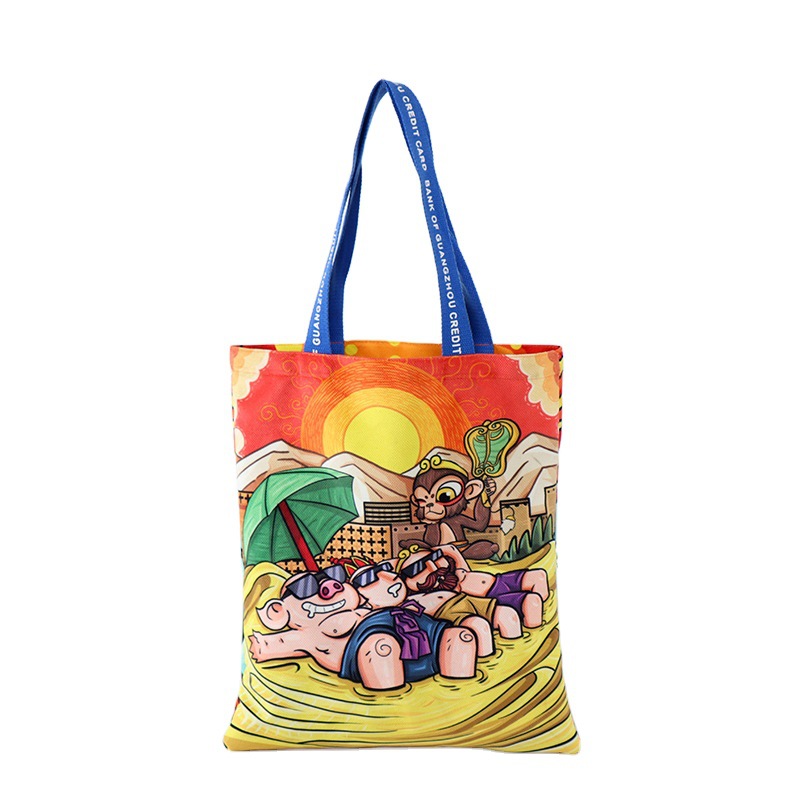 Bolso de hombro de estudiante de transferencia térmica de dibujos animados color personalizado impresión ropa compras bolsa de lona logotipo personalizado al por mayor