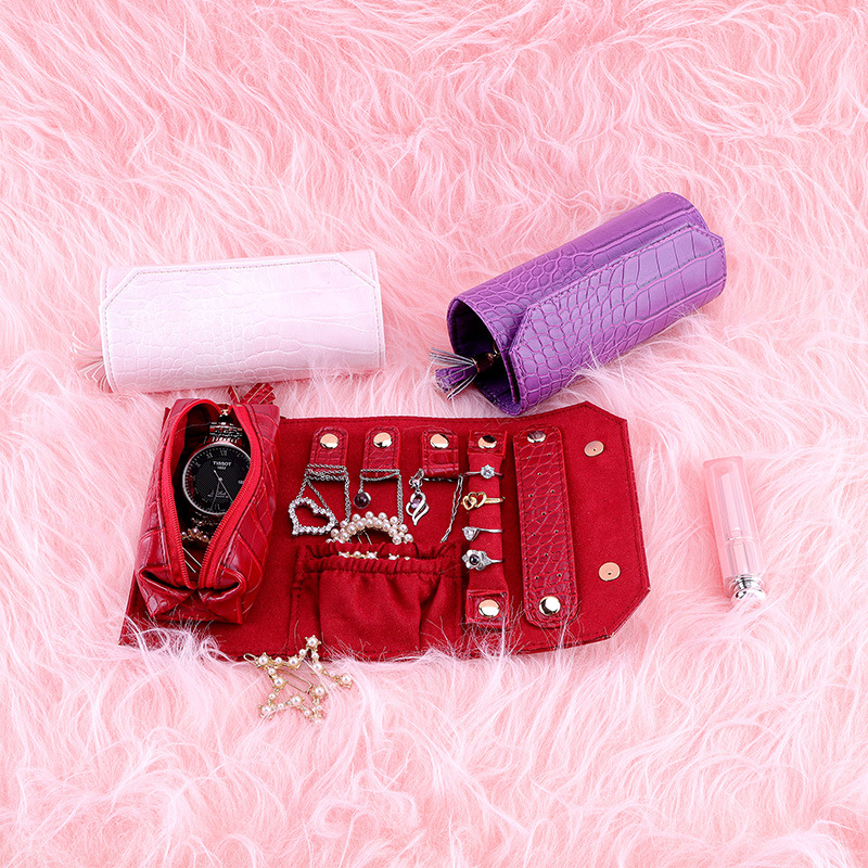Multifuncional joyería Portátil Bolsa de almacenamiento de mano cocodrilo patrón de fibra de franela joyería caja de joyería rollo de joyería en stock