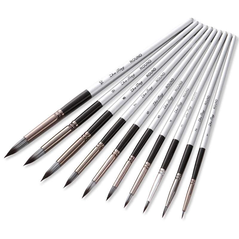 10 nylon cepillo de pelo gris plata varilla redonda frente acuarela cepillo aceite cepillo traje gancho pluma suave cremallera bolsa