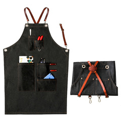 PU皮背帶牛仔工作圍裙咖啡師理髮師工作服餐廳花藝圍裙LOGO定 制