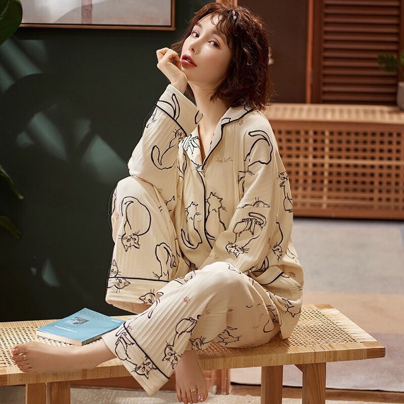 Pijamas de manga larga para mujer primavera nuevo 100% algodón coreano de dibujos animados lindo cardigan primavera y otoño traje de algodón para el hogar