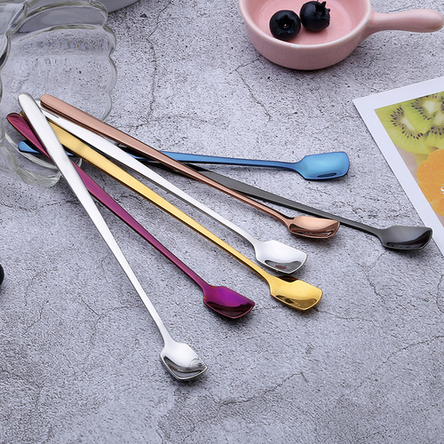 304 stainless steel square head ice spoon hotel restaurant long handle ice spoon creative dessert stirring spoon Korean coffee spoon