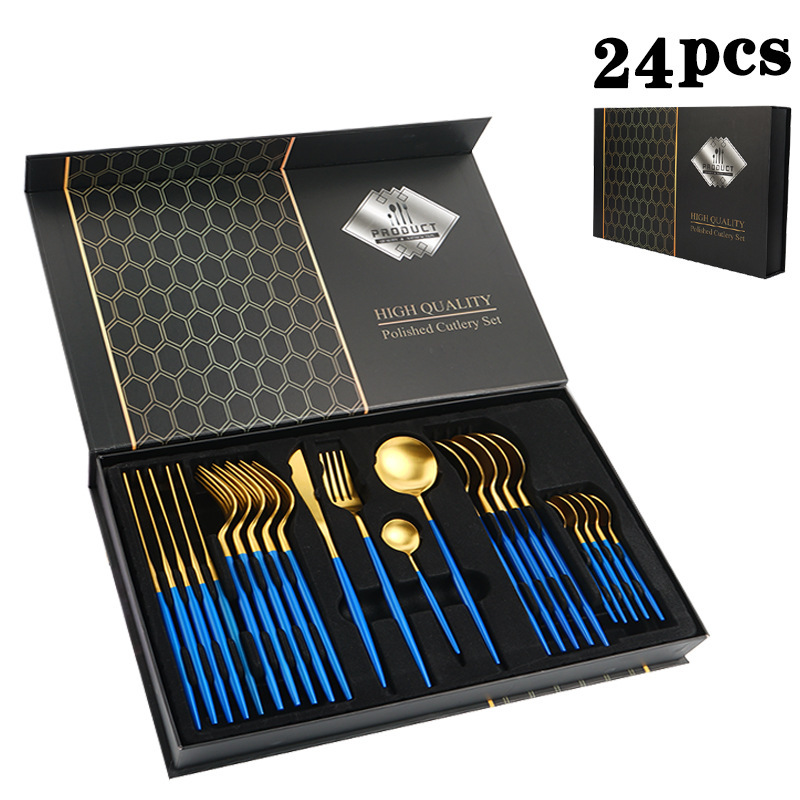 Amazon Cross-Border Stainless Steel Tableware Set Portuguese Western Food Knife, Fork and Spoon 24-Piece Set Exquisite Gift Box Now Wholesale