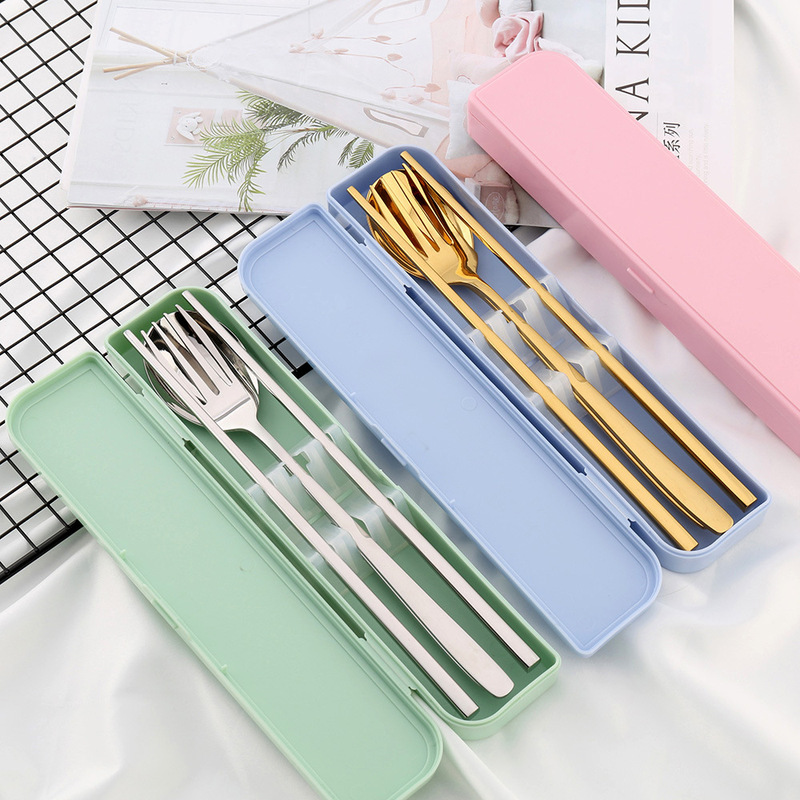 304 Portable Stainless Steel Cutlery Set Square Chopsticks Spoon Fork Plastic Box Cutlery Set Can Be Silk-Screened with Logo
