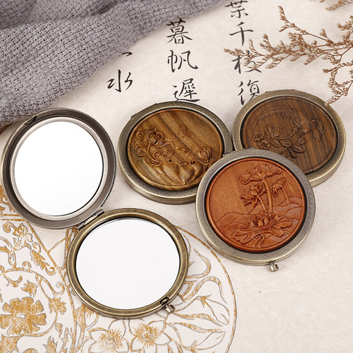 New vanity mirror green sandalwood portable vanity mirror exquisite round small mirror retro folding rosewood gift