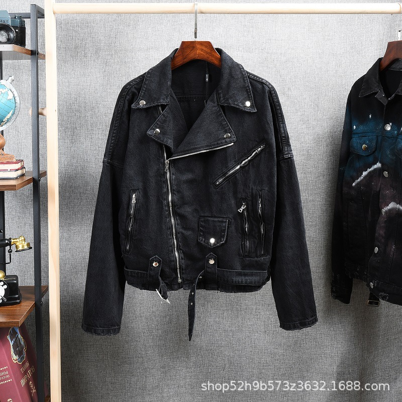 Trend short denim jacket with zipper, punk style, slim fit, American style 2