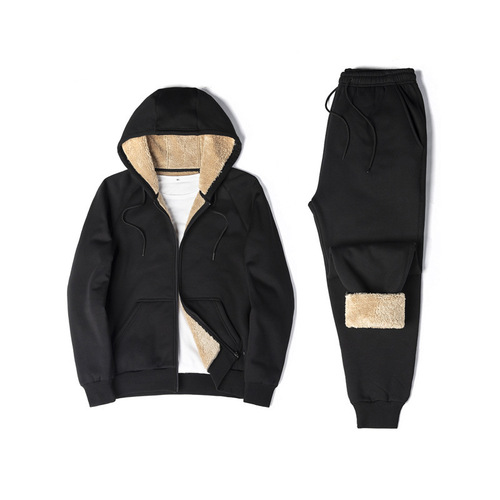 Lambskin Fleece Sweatshirt Set for Men - Winter Thicken Warm Hooded Sport Coat Casual Open Vest Warm Outerwear