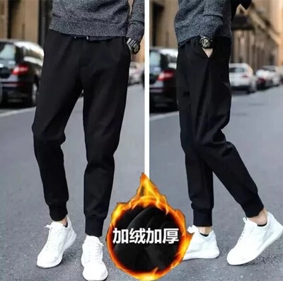 Autumn and winter trendy men's velvet thickened casual pants cheap labor protection pure black work pants